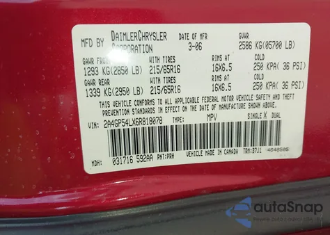 2006 Chrysler Town & Country Touring из США, поврежденный, VIN 2A4GP54LX6R818078